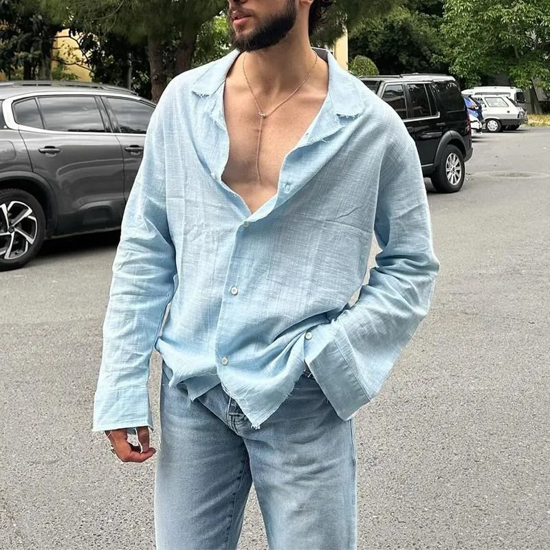 Men's Solid Cotton And Linen Loose Lapel Long Sleeve Shirt 01862358Z sold by Manly product image thumbnail 3