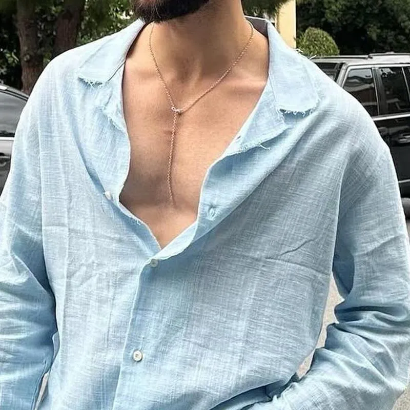 Men's Solid Cotton And Linen Loose Lapel Long Sleeve Shirt 01862358Z sold by Manly product image thumbnail 4