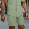 Men's Casual Solid Color Stand Up Collar Short Sleeved Shirt And Shorts Set 99504043Y sold by Manly