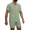 Men's Casual Solid Color Stand Up Collar Short Sleeved Shirt And Shorts Set 99504043Y sold by Manly