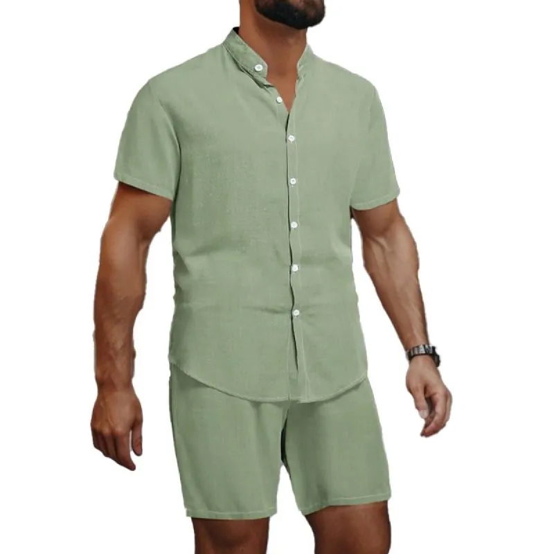 Men's Casual Solid Color Stand Up Collar Short Sleeved Shirt And Shorts Set 99504043Y sold by Manly