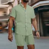 Men's Casual Solid Color Stand Up Collar Short Sleeved Shirt And Shorts Set 99504043Y sold by Manly