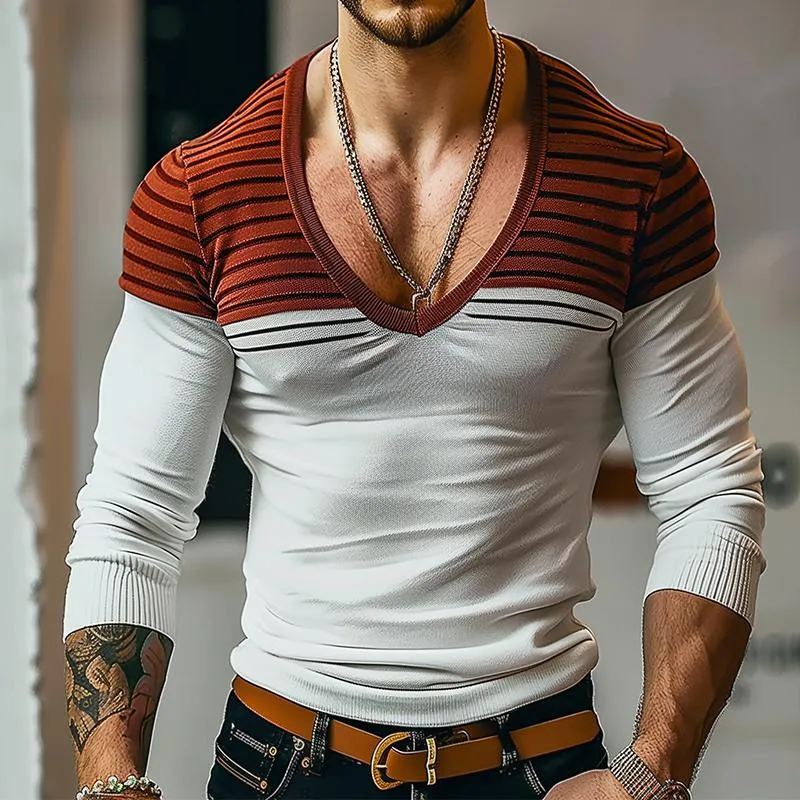 Men's Retro Casual Striped Colorblock V-Neck Sweater 67028768TO sold by Manly product image thumbnail 2