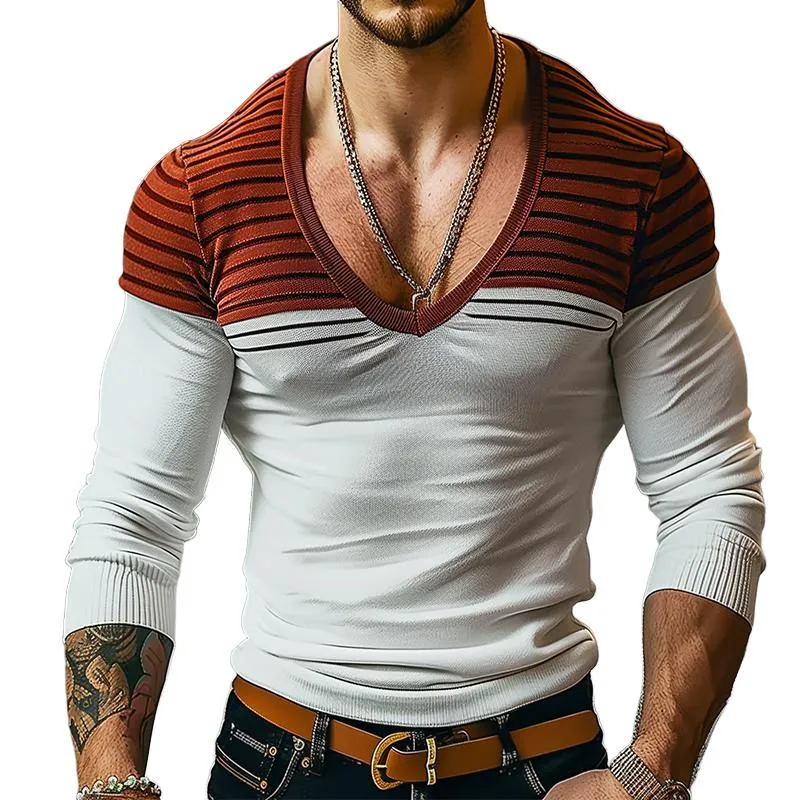 Men's Retro Casual Striped Colorblock V-Neck Sweater 67028768TO sold by Manly