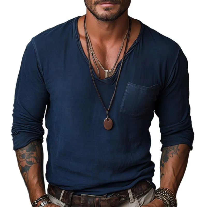 Men's Solid Color V Neck Chest Pocket Long Sleeve Cargo T-shirt 78382138Z sold by Manly