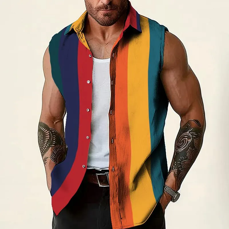 Men's Retro Rainbow Striped Sleeveless Tank Top 82096798TO sold by Manly product image thumbnail 2