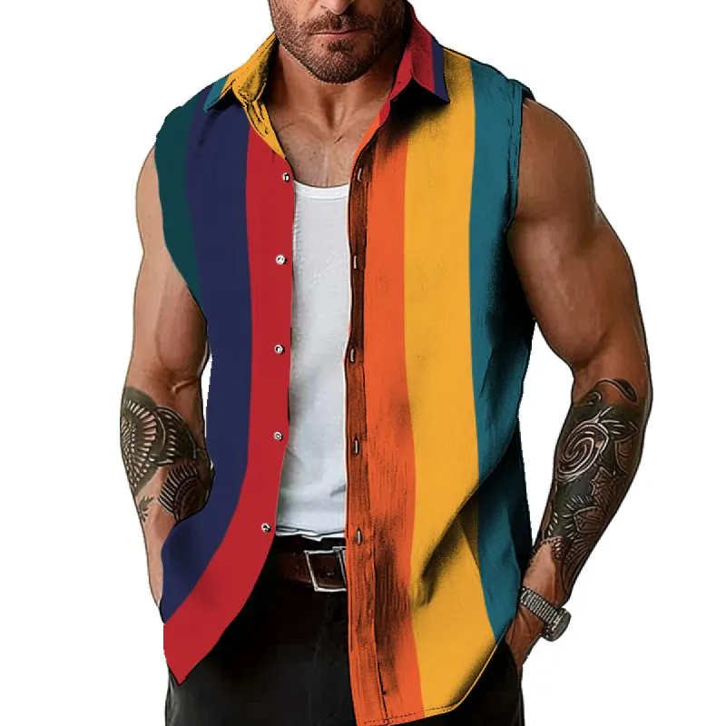 Men's Retro Rainbow Striped Sleeveless Tank Top 82096798TO sold by Manly