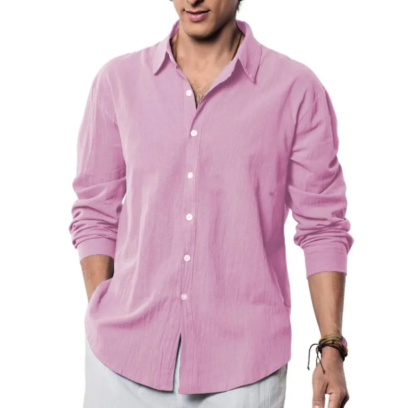Men's Casual Solid Color Cotton Linen Lapel Slim Fit Long Sleeve Shirt 16086306M sold by Manly