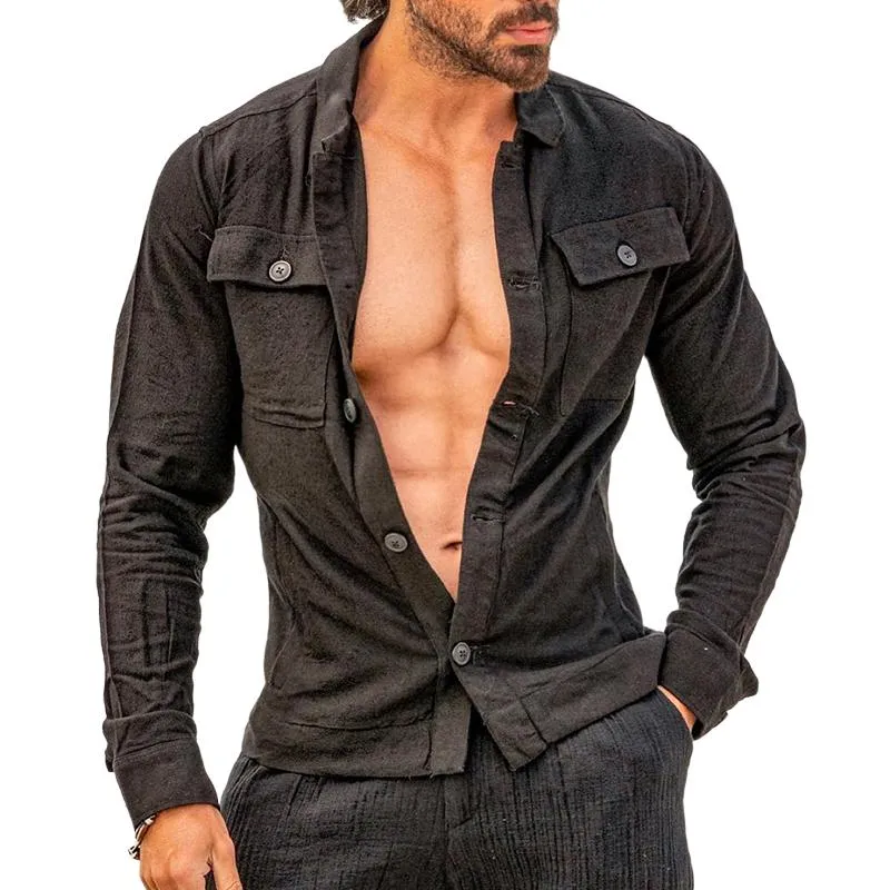 Men's Casual Solid Color Round Neck Pocket Long Sleeve Shirt 05709027TO sold by Manly