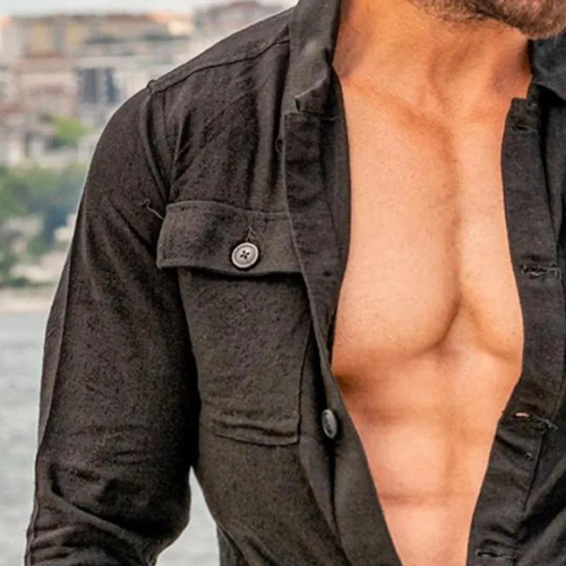 Men's Casual Solid Color Round Neck Pocket Long Sleeve Shirt 05709027TO sold by Manly product image thumbnail 3