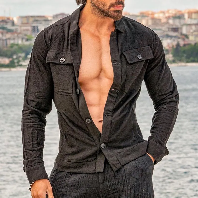 Men's Casual Solid Color Round Neck Pocket Long Sleeve Shirt 05709027TO sold by Manly product image thumbnail 2