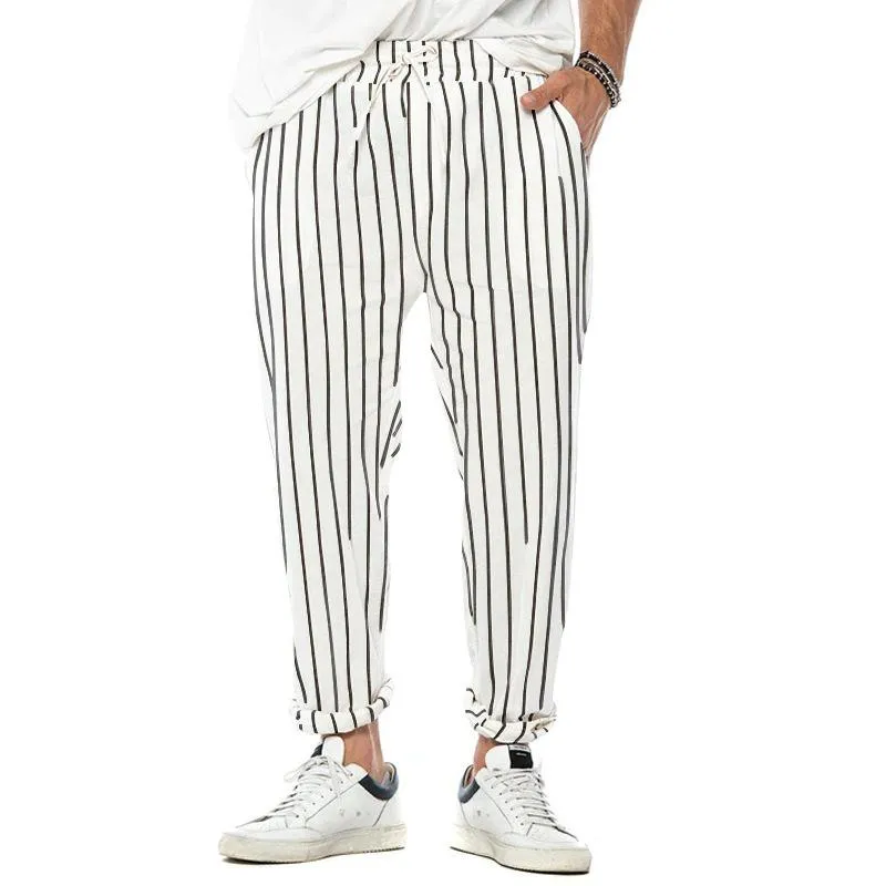 Men's Vertical Striped Cotton And Linen Straight Loose Trendy Casual Trousers 38653954Z sold by Manly