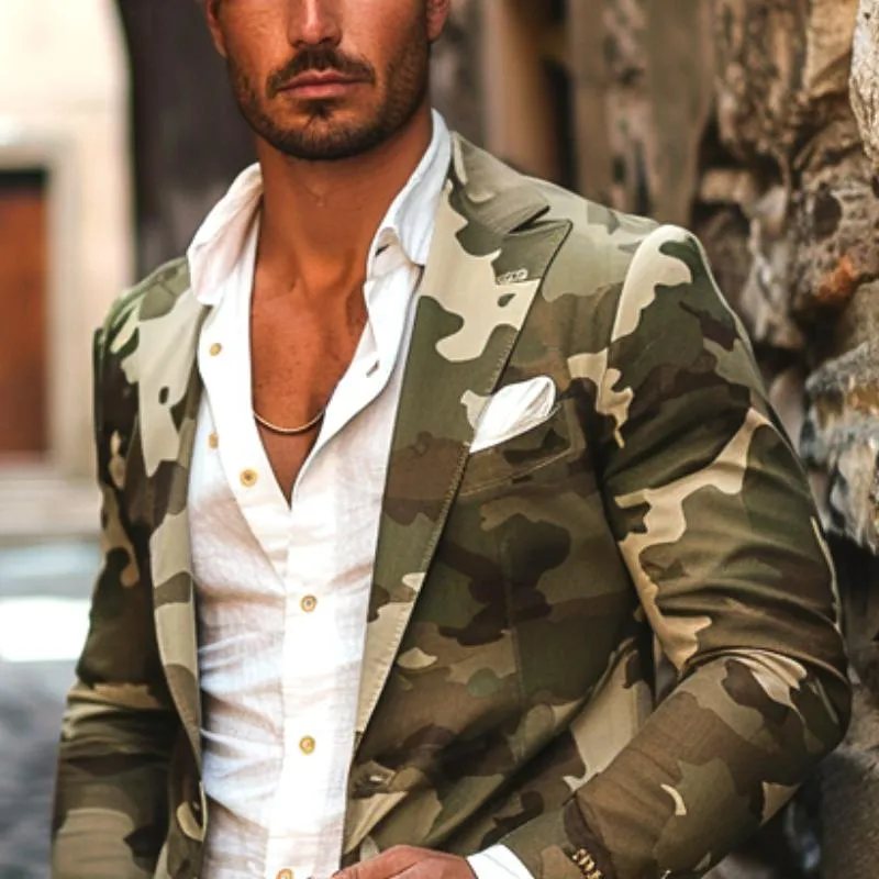 Men's Camouflage Print Peaked Lapel Two-Button Blazer 57476387Y sold by Manly product image thumbnail 4