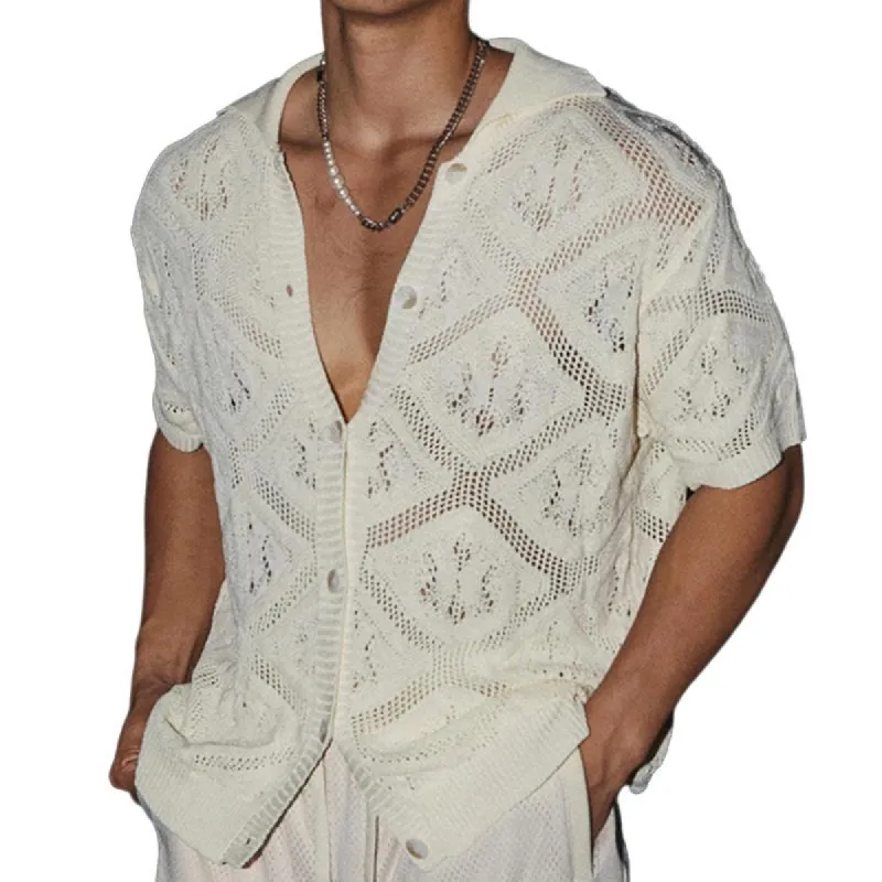 Men's Solid Color Hollow Out Knitted Lapel Short Sleeve Casual Shirt 65591995Z sold by Manly