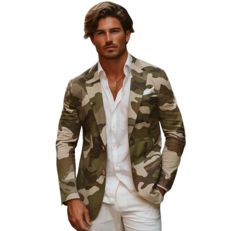 Men's Camouflage Print Peaked Lapel Two-Button Blazer 57476387Y sold by Manly