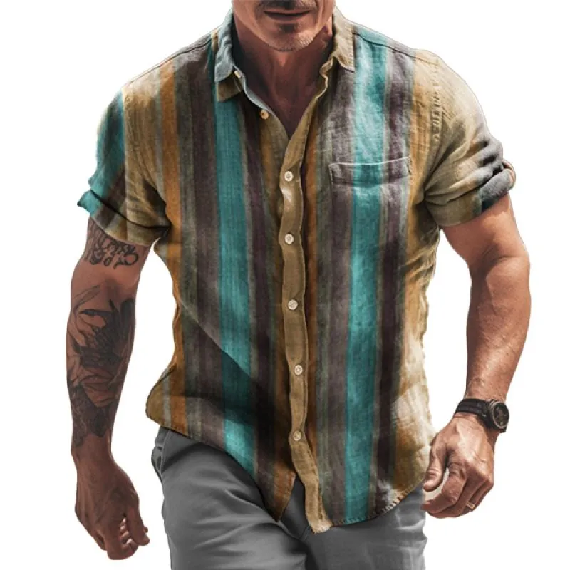 Men's Casual Striped Printed Lapel Short Sleeve Shirt 30706323Y sold by Manly