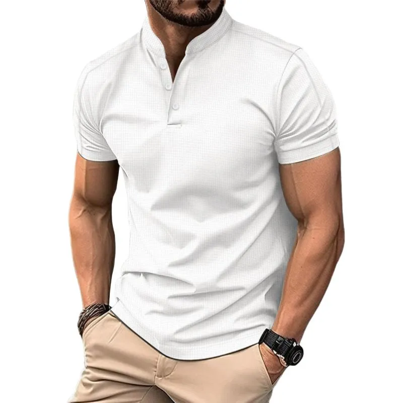 【24-hour shipping out】 Men's Casual Stand Collar Waffle Slim Fit Short Sleeve T-Shirt 21454794M sold by Manly