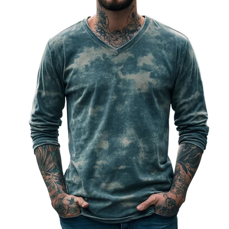 Men's Retro Casual Camouflage Print V-Neck Long Sleeve T-Shirt 80767843TO sold by Manly