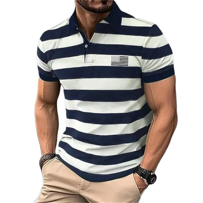Men's Short-sleeved Lapel Striped Printed Casual POLO Shirt 03243472X sold by Manly