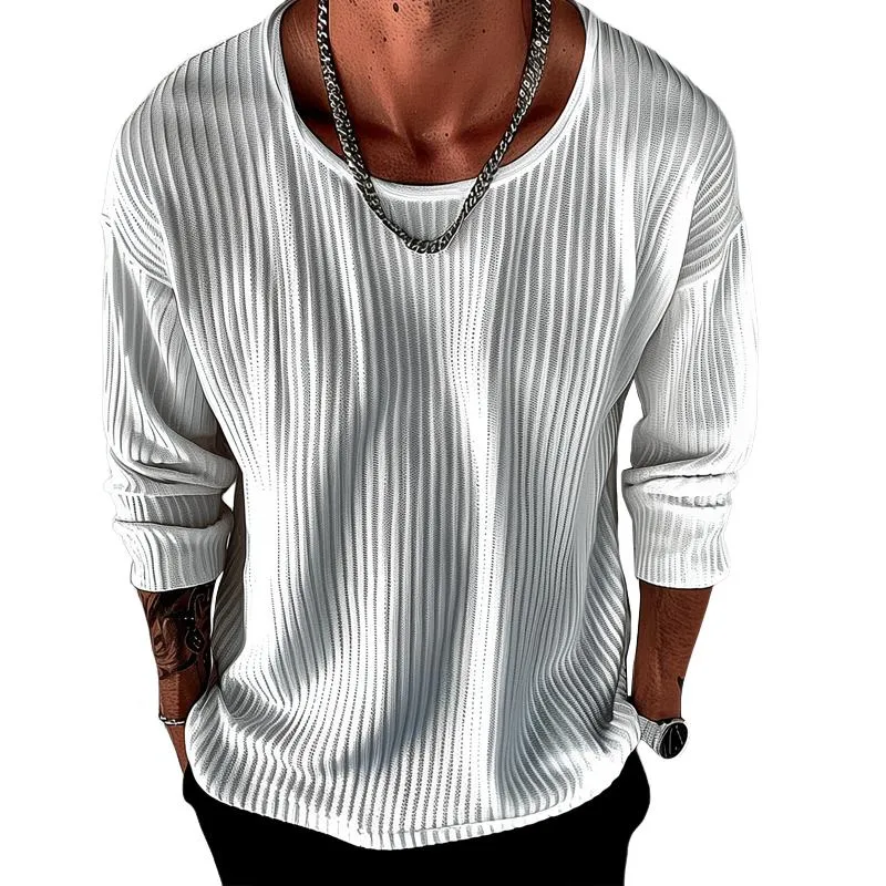Men's Solid Color Striped Round Neck Long Sleeve Loose T-shirt 17520847Z sold by Manly
