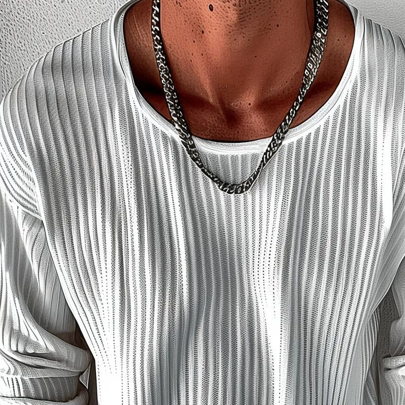 Men's Solid Color Striped Round Neck Long Sleeve Loose T-shirt 17520847Z sold by Manly product image thumbnail 3