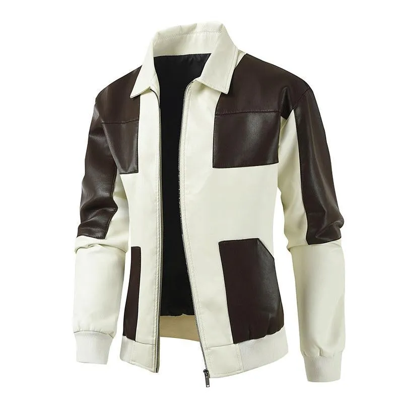 Men's Stylish Colorblock Patchwork Lapel Leather Motorcycle Jacket 77166987M sold by Manly product image thumbnail 2