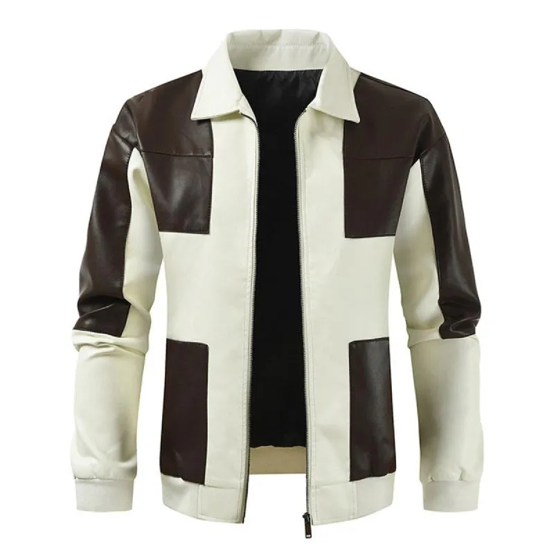 Men's Stylish Colorblock Patchwork Lapel Leather Motorcycle Jacket 77166987M sold by Manly