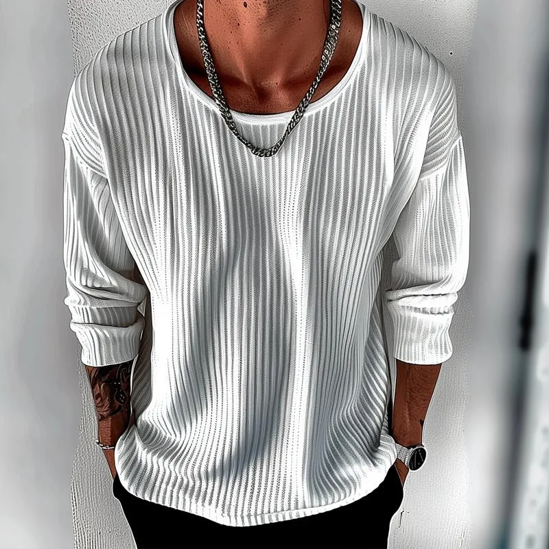 Men's Solid Color Striped Round Neck Long Sleeve Loose T-shirt 17520847Z sold by Manly product image thumbnail 2