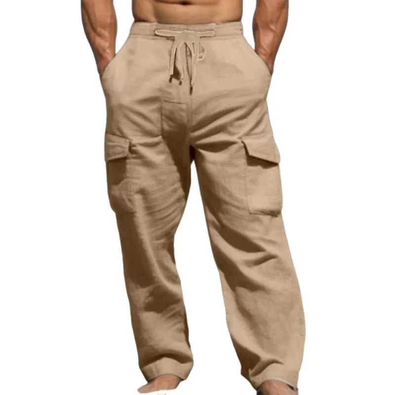 Men's Solid Cotton And Linen Elastic Waist Casual Pants 23188777Z sold by Manly