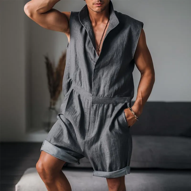 Men's Cotton And Linen Stand Collar Sleeveless Shorts Jumpsuit 35252786Y sold by Manly product image thumbnail 4