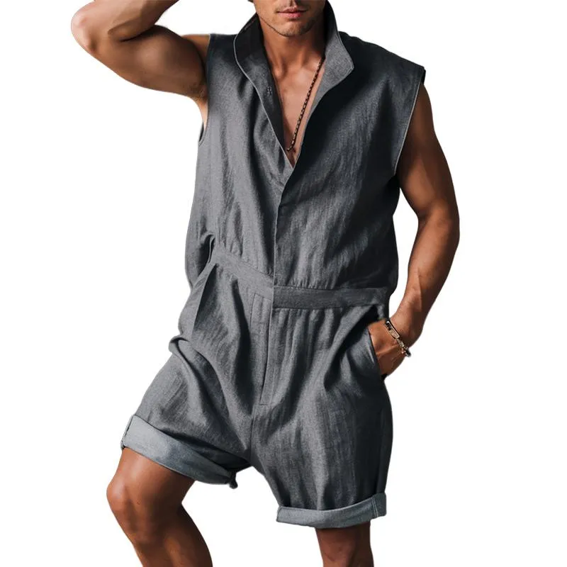 Men's Cotton And Linen Stand Collar Sleeveless Shorts Jumpsuit 35252786Y sold by Manly