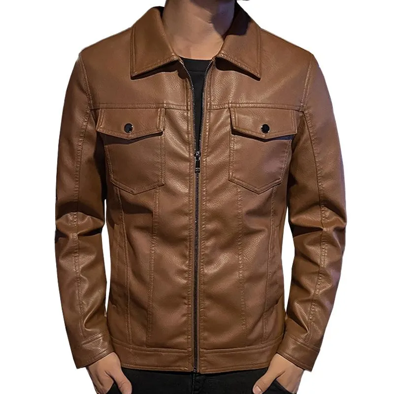 Men's Vintage Lapel Zipper Slim Leather Biker Jacket 52972712M sold by Manly product image thumbnail 2
