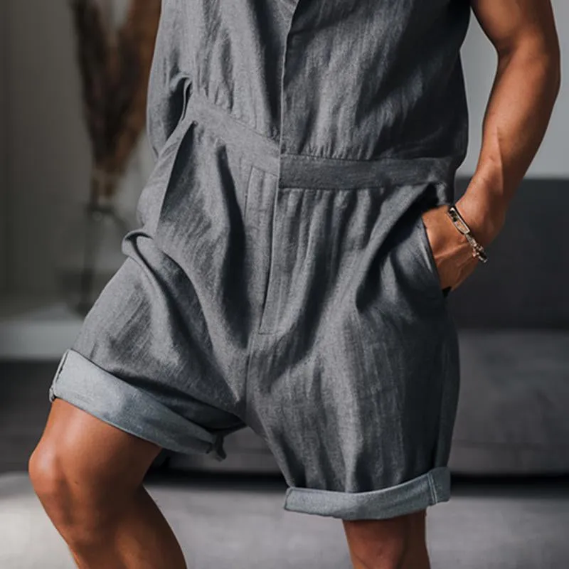 Men's Cotton And Linen Stand Collar Sleeveless Shorts Jumpsuit 35252786Y sold by Manly product image thumbnail 3