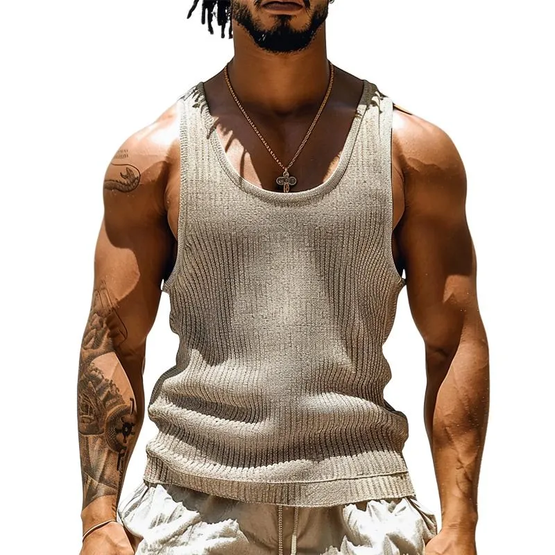Men's Solid Color Round Neck Striped Textured Tank Top 77270227X sold by Manly