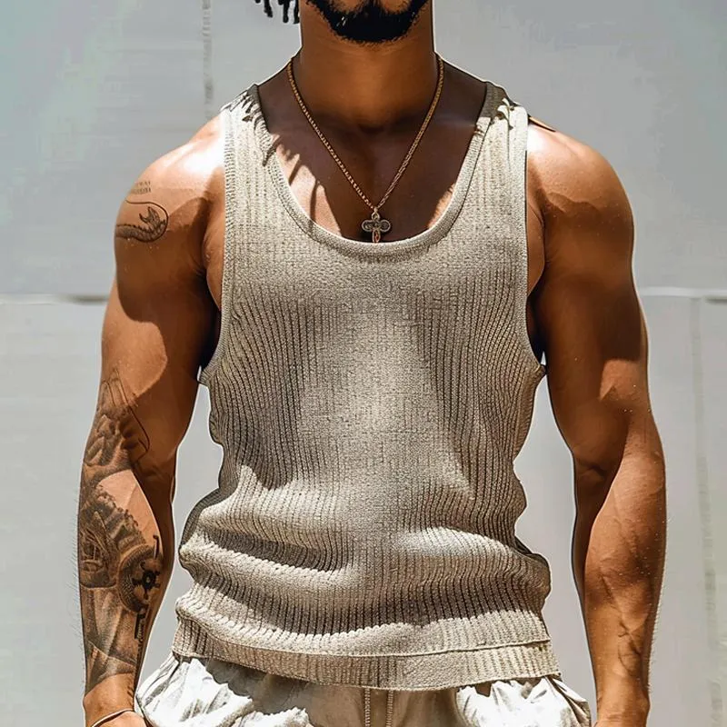 Men's Solid Color Round Neck Striped Textured Tank Top 77270227X sold by Manly product image thumbnail 4