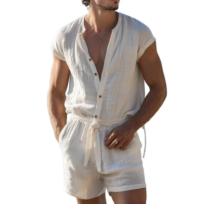 Men's Casual Solid Color Beach Drawstring Jumpsuit 95861736TO sold by Manly