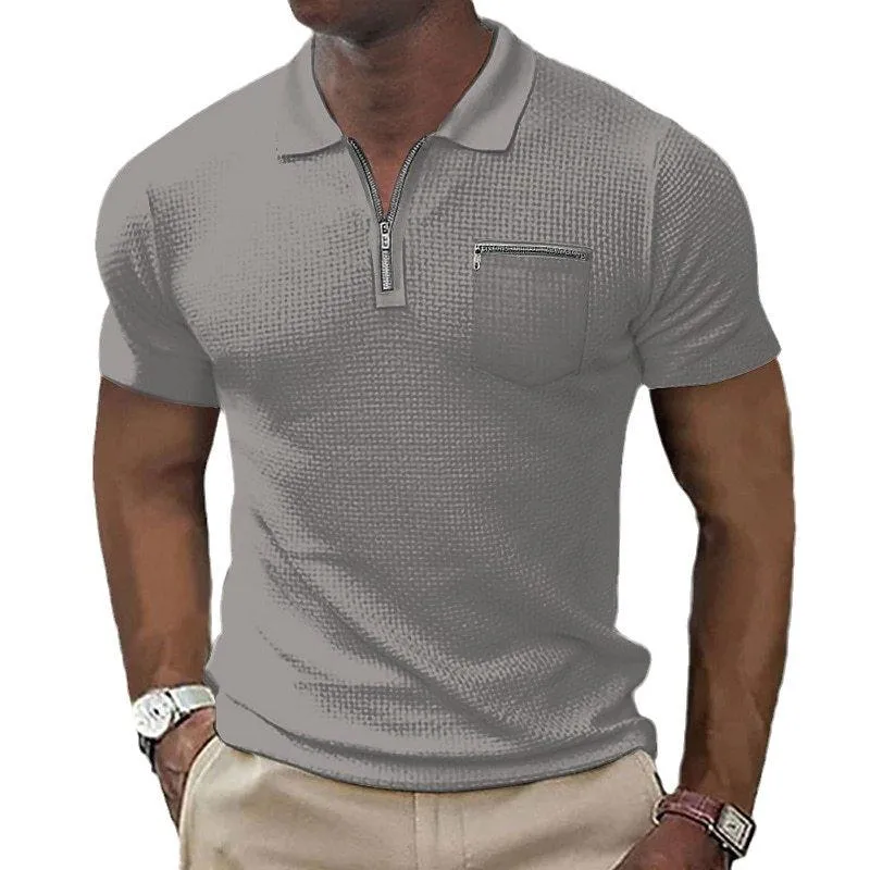Men's Solid Waffle Lapel Chest Poacket Short Sleeve Polo Shirt 04421891Z sold by Manly