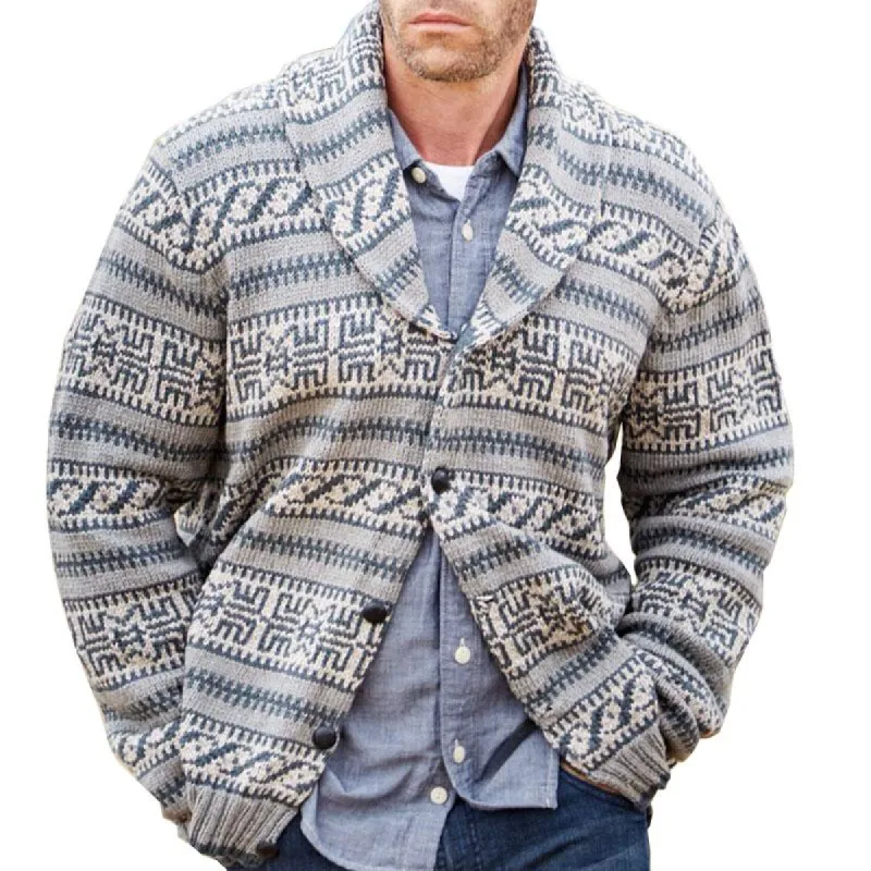 Men's Retro Jacquard Lapel Thickened Long Sleeve Sweater Jacket 61480859M sold by Manly