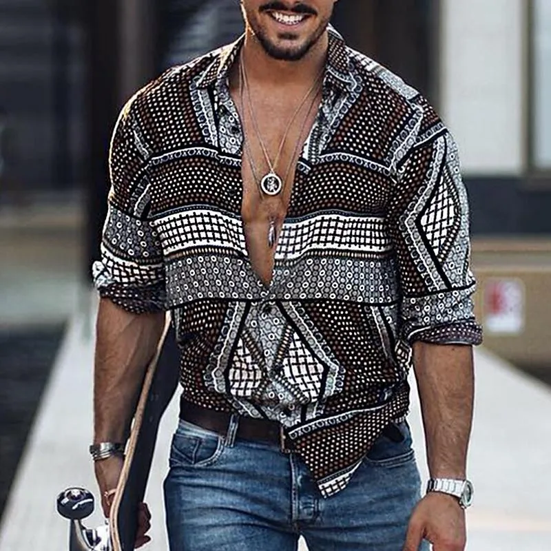 Men's Vintage Geometric Print Panel Lapel Long Sleeve Shirt 69636514Y sold by Manly product image thumbnail 2