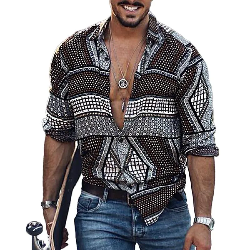 Men's Vintage Geometric Print Panel Lapel Long Sleeve Shirt 69636514Y sold by Manly