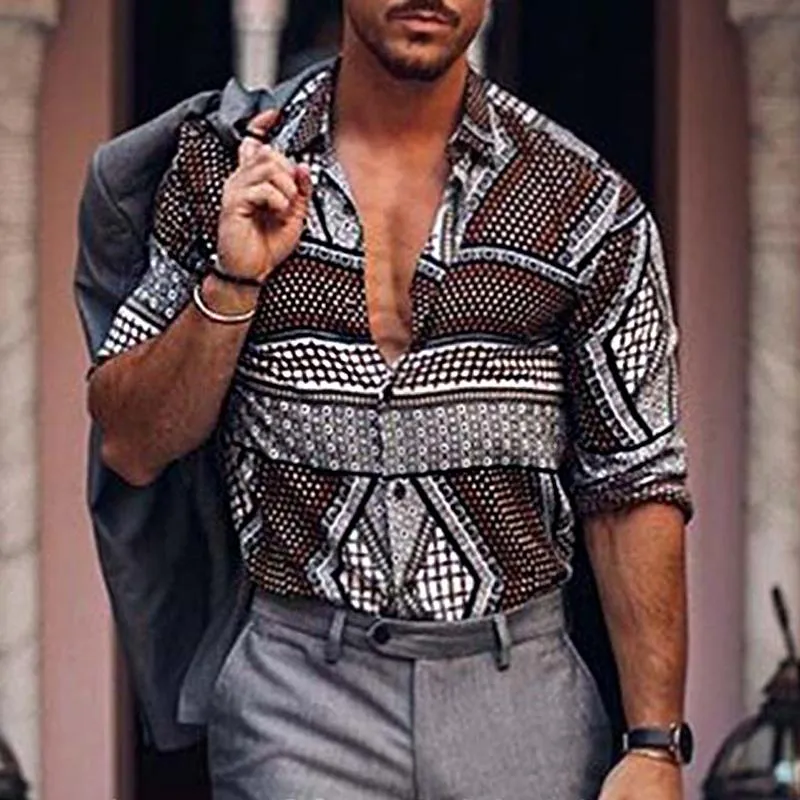 Men's Vintage Geometric Print Panel Lapel Long Sleeve Shirt 69636514Y sold by Manly product image thumbnail 3