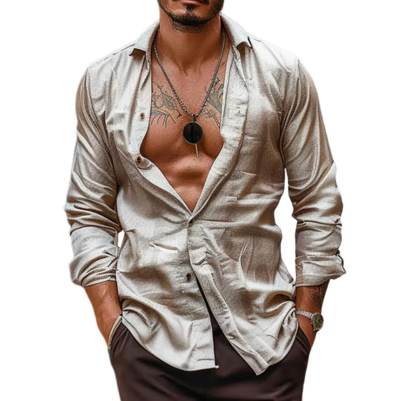 Men's Casual Solid Color Lapel Long Sleeve Shirt 67644911TO sold by Manly