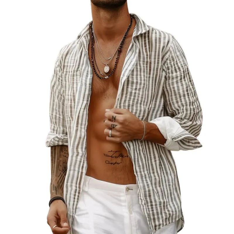 Men's Lightweight Striped Lapel Long Sleeve Shirt 31806353Z sold by Manly