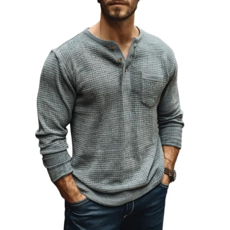 Men's Casual Waffle Henley Collar Patch Pocket Long Sleeve T-Shirt 37727540M sold by Manly