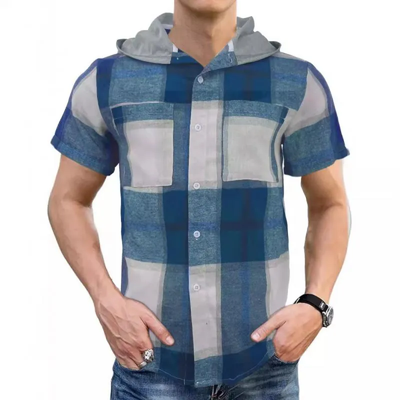 Men's Plaid Hooded Short Sleeve Shirt 64549620Y sold by Manly
