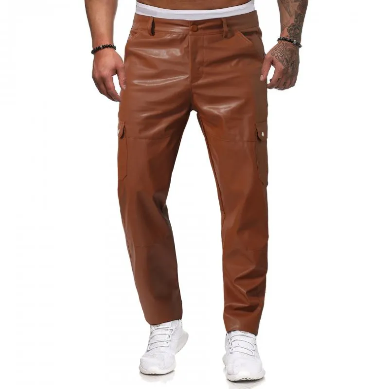 Men's Casual Solid Color Multi-pocket Slim Fit Leather Pants 34807975M sold by Manly