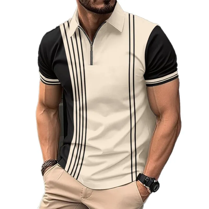 Men's Casual Patchwork Striped Short-Sleeved Polo Shirt 64165689Y sold by Manly