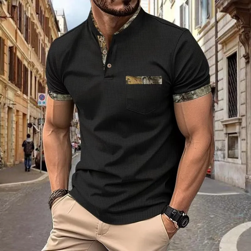 Men's Casual Colorblock Stand Collar Button Slim Fit Short Sleeve T-shirt 72559752M sold by Manly product image thumbnail 2