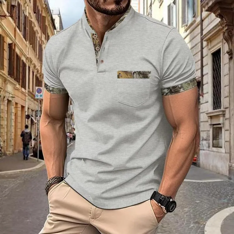 Men's Casual Colorblock Stand Collar Button Slim Fit Short Sleeve T-shirt 72559752M sold by Manly product image thumbnail 3