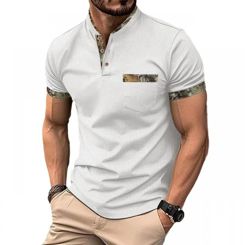 Men's Casual Colorblock Stand Collar Button Slim Fit Short Sleeve T-shirt 72559752M sold by Manly
